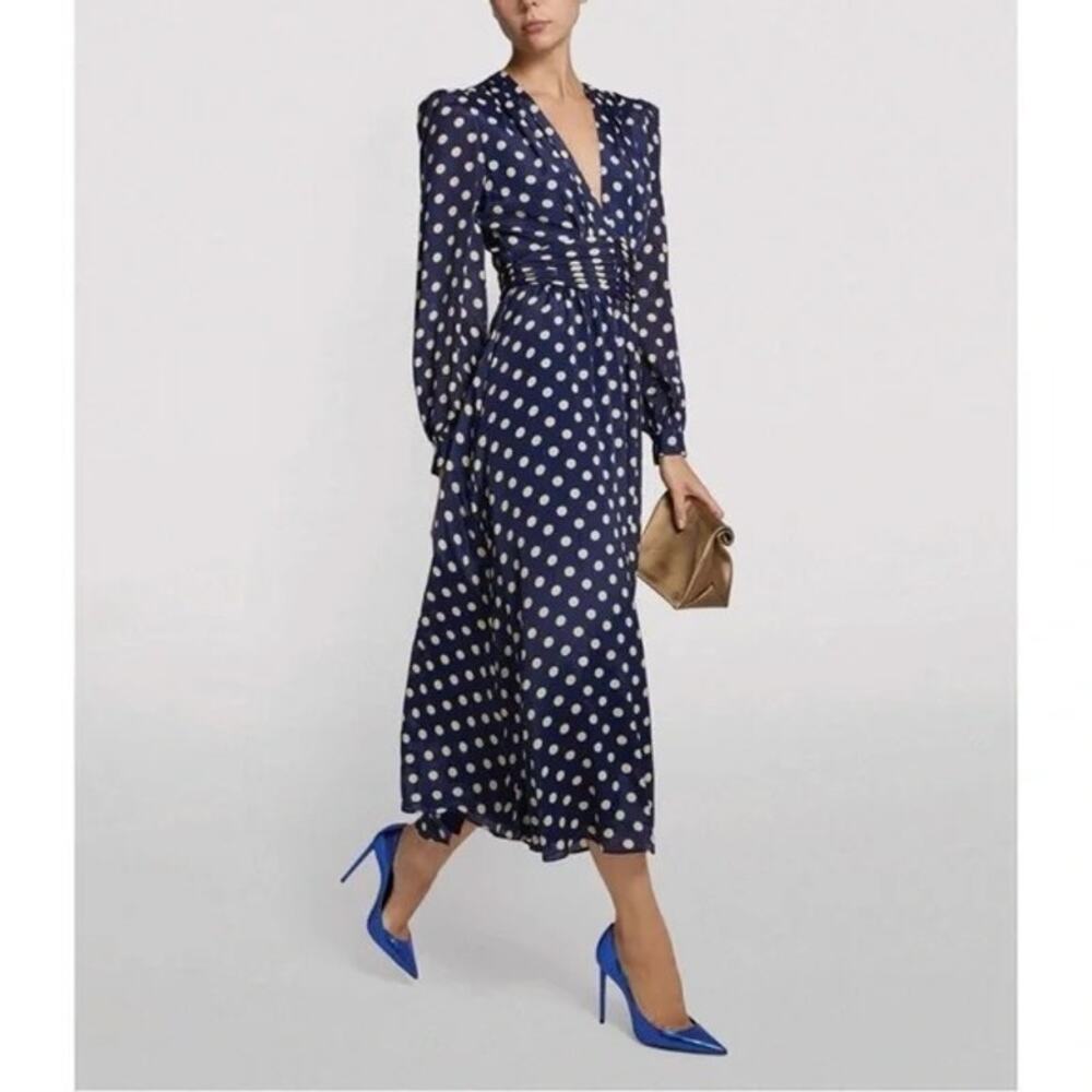 NWT Ronny Kobo Navy Maria Polka Dot Long Sleeve Low V-Neck Midi Dress Size Med
